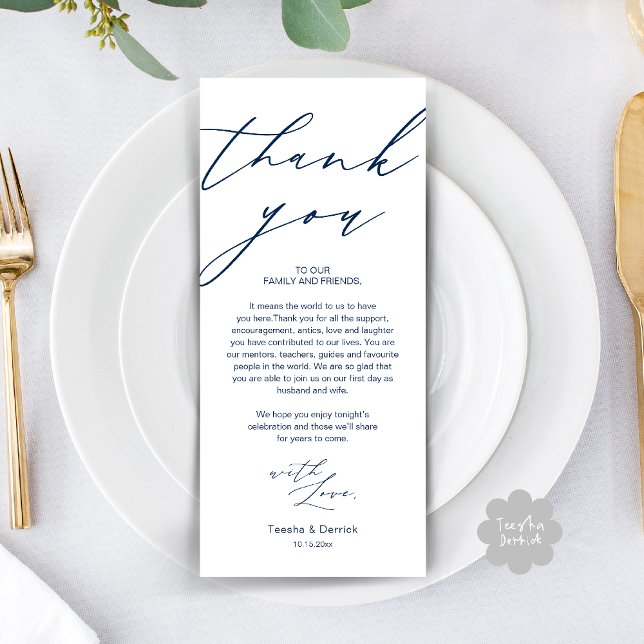 Cartões de agradecimentos de Janto de Casamento Mo (Modern Wedding Rehearsal Dinner Thank You Card in navy Blue)