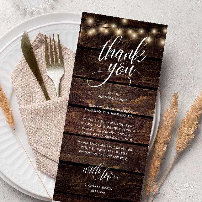 Cartões de agradecimentos de Janto de Casamento Ru (Modern Rustic Wedding Reception Dinner Lunch Brunch Thank You Card String Lights Dark Wood)