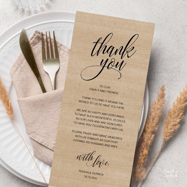Cartões de agradecimentos de Janto de Casamento Ru (Modern Rustic Wedding Reception Dinner Lunch Brunch Thank You Card Brown Village Wood )