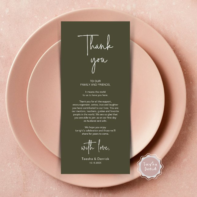 Cartões de agradecimentos de Janto de Definição de (Modern Romantic Wedding Place Setting Dinner Thank You Card, in Olive Green)