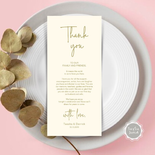 Cartões de agradecimentos de Janto de Definição de (Modern Romantic Wedding Place Setting Dinner Thank You Card, in Classy Yellow Gold)