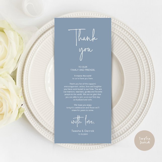 Cartões de agradecimentos de Janto de Definição de (Modern Romantic Wedding Place Setting Dinner Thank You Card, in Dusty Blue)