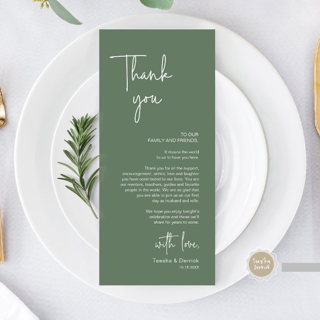 Cartões de agradecimentos de Janto de Definição de (Modern Wedding Dinner Place Setting Thank You Card, in Handwriting Script, Forest Sage Green)