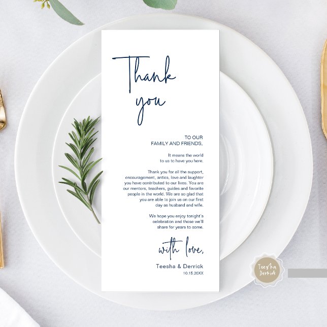 Cartões de agradecimentos de Janto de Definição de (Modern Wedding Dinner Place Setting Thank You Card, in Handwriting Script, Navy Blue)