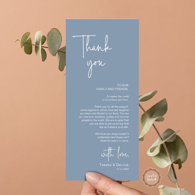 Cartões de agradecimentos de Janto de Definição de (Modern Wedding Dinner Place Setting Thank You Card, in Handwriting Script, Dusty Blue)