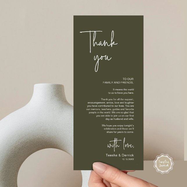 Cartões de agradecimentos de Janto de Definição de (Modern Wedding Dinner Place Setting Thank You Card, in Handwriting Script, Olive Sage Green)