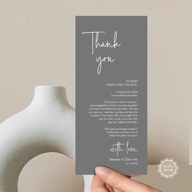 Cartões de agradecimentos de Janto de Definição de (Modern Wedding Dinner Place Setting Thank You Card, in Handwriting Script, Dark Grey)