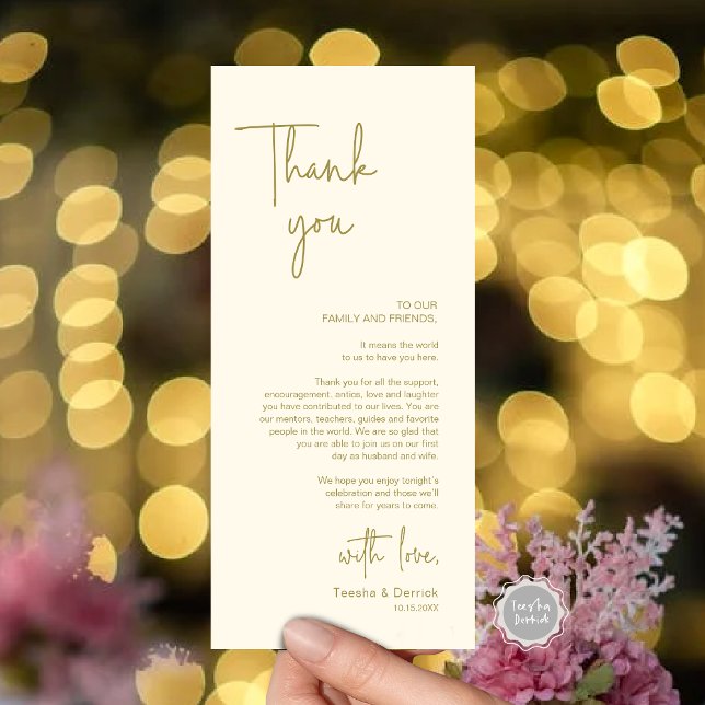 Cartões de agradecimentos de Janto de Definição de (Modern Wedding Dinner Place Setting Thank You Card, in Handwriting Script, Gold Scheme)