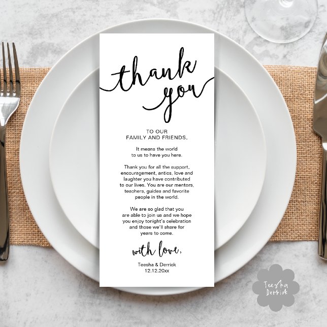 Cartões de agradecimentos de Janto de Definição do (Rustic Wedding Place Setting Rehearsal Dinner Thank you Card Plate Decor White Black)