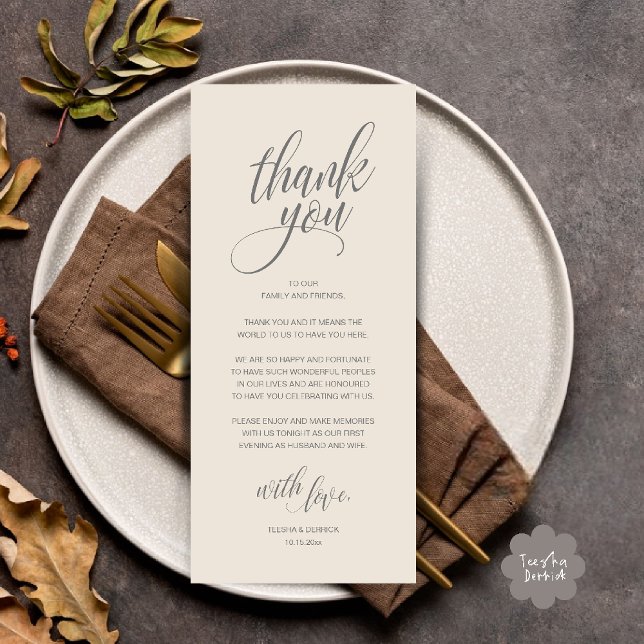 Cartões de agradecimentos de Janto de ensaio de ca (Modern Romantic Wedding Reception Dinner Thank You Card in Cream Grey)