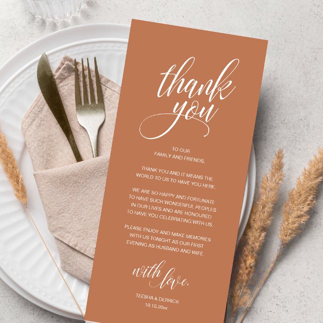 Cartões de agradecimentos de Janto de ensaio de ca (Modern Romantic Wedding Reception Dinner Thank You Card in Copper Brown Terracotta)