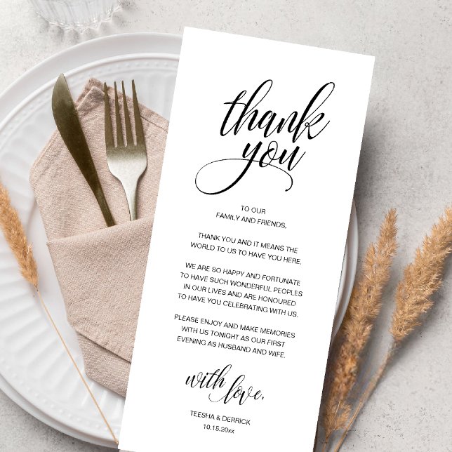 Cartões de agradecimentos de Janto de ensaio de ca (Modern Romantic Wedding Reception Dinner Thank You Card in Black and White)