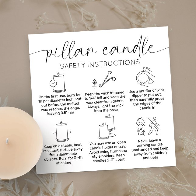 Cartões de agradecimentos de manutenção de velas d (Pillar candle safety instructions cards with care icons, modern layout and space for your logo)