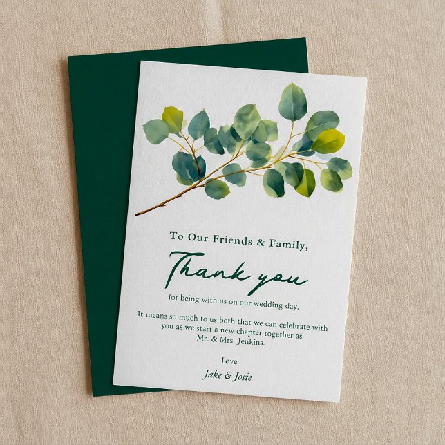 Cartões de agradecimentos de Mesa Eucalyptus branc (Eucalyptus branch Wedding Table thank you card.)