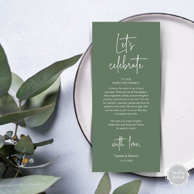 Cartões de agradecimentos de Partido de Janto de D (Modern Wedding Dinner Place Setting Dinner Party Thank You Card, Let's Celebrate, Forest Sage Green)