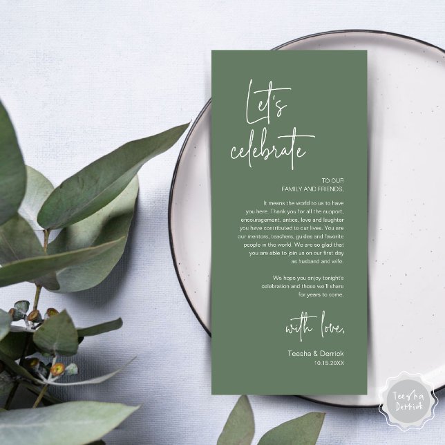 Cartões de agradecimentos de Partido de Janto de D (Modern Wedding Dinner Place Setting Dinner Party Thank You Card, Let's Celebrate, Forest Sage Green)