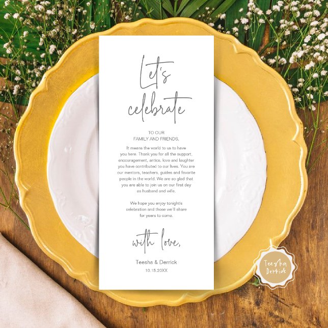 Cartões de agradecimentos de Partido de Janto de D (Modern Wedding Dinner Place Setting Dinner Party Thank You Card, Let's Celebrate, Cute Dark Grey)