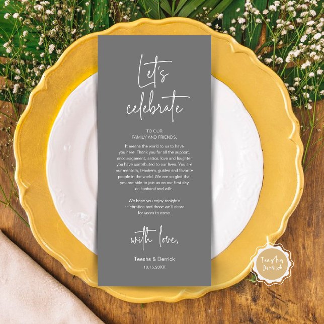 Cartões de agradecimentos de Partido de Janto de D (Modern Wedding Dinner Place Setting Dinner Party Thank You Card, Let's Celebrate,Cute Dark Grey)
