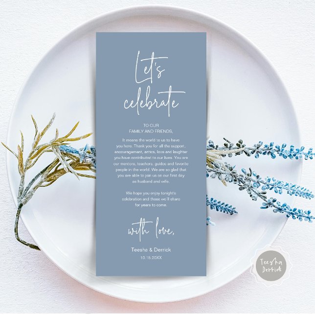 Cartões de agradecimentos de Partido de Janto de D (Modern Wedding Dinner Place Setting Dinner Party Thank You Card, Let's Celebrate, Dusty Blue)