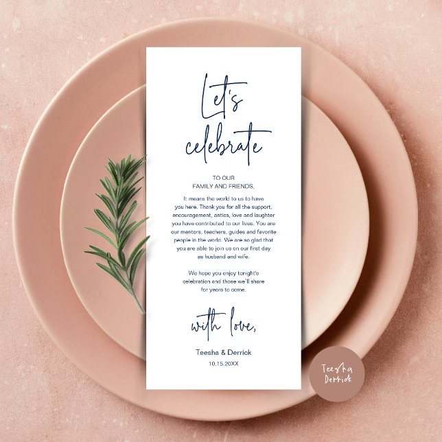 Cartões de agradecimentos de Partido de Janto de D (Modern Wedding Dinner Place Setting Dinner Party Thank You Card, Let's Celebrate, Classy Navy Blue)