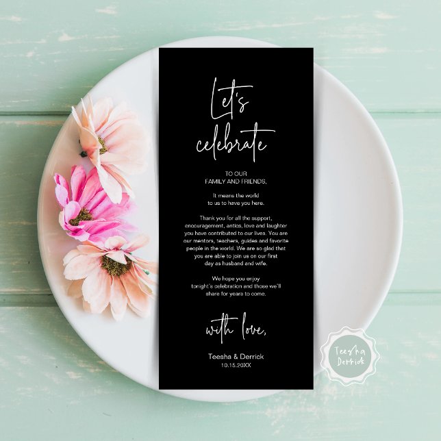 Cartões de agradecimentos de Partido Janto de Defi (Let's Celebrate, Wedding Dinner Place Setting Thank You Card, Modern Plate Decor, Elegant Black)