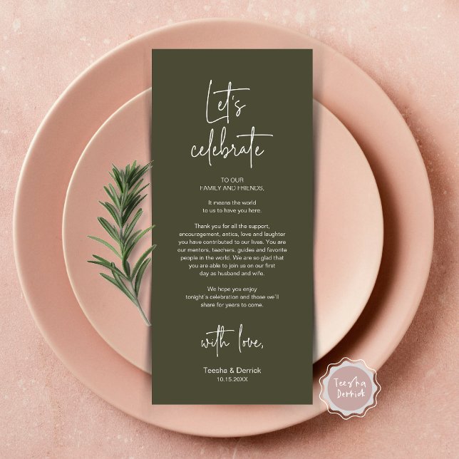 Cartões de agradecimentos de Partido Janto de Defi (Let's Celebrate, Wedding Dinner Place Setting Thank You Card, Modern Plate Decor, Olive Green)
