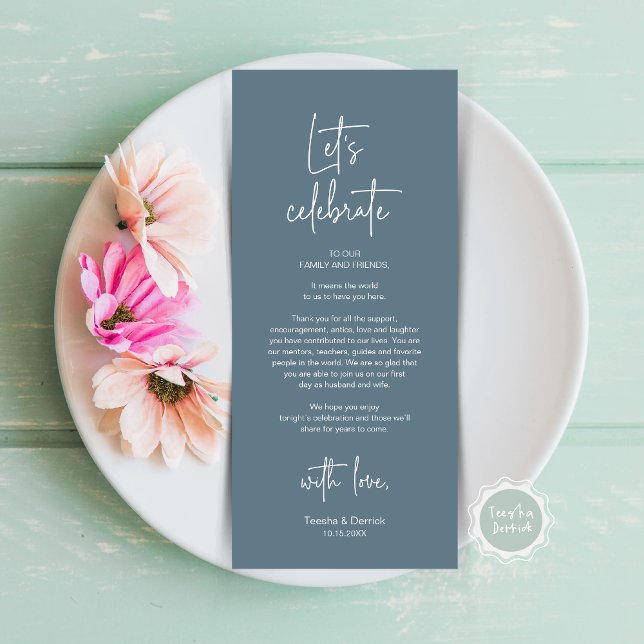 Cartões de agradecimentos de Partido Janto de Defi (Let's Celebrate, Wedding Dinner Place Setting Thank You Card, Modern Plate Decor, Dusty Blue)