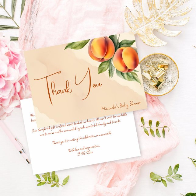 Cartões de agradecimentos de pêssego doce (Sweet little peach baby shower thank you card editable template digital download)