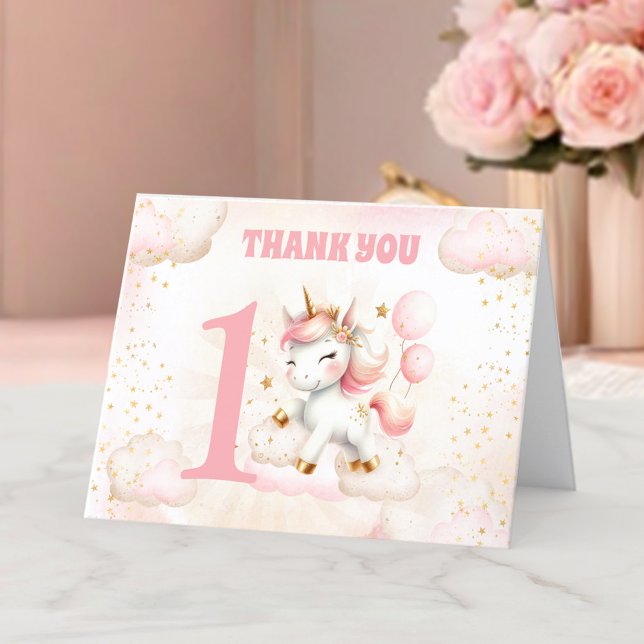 Cartões de agradecimentos de primeiro aniversario  (Pink Cute Unicorn Girl 1st Birthday Thank You Card)