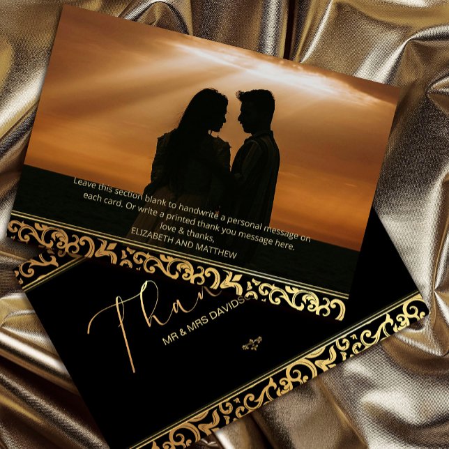 Cartões de agradecimentos de quadro ouro elegante (Elegant gold Frame Thank You Card #sunsetthankyoucard #sunsetcouple #weddingmessage #goldframe)