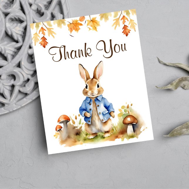 Cartões de agradecimentos de queda do coelho Peter (Peter Rabbit baby shower thank you card fall themed watercolor rabbit blue jacket mushrooms leaves)