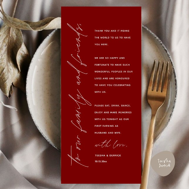 Cartões de agradecimentos de Recepção de Casamento (Elegant Wedding Reception Thank You Card for Guest Dinner Dancing in Burgundy Wine Red)