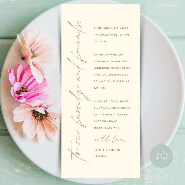 Cartões de agradecimentos de Recepção de Casamento (Elegant Wedding Reception Thank You Card for Guest Dinner Dancing in Yellow Gold)