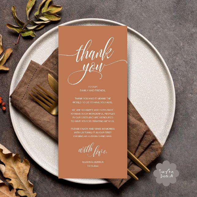 Cartões de agradecimentos de Recepção de casamento (Modern Romantic Wedding Reception Dinner Thank You Card in Copper Brown Terracotta)