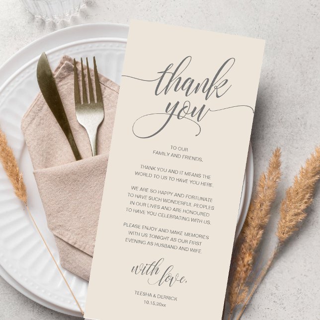 Cartões de agradecimentos de Recepção de casamento (Modern Romantic Wedding Reception Dinner Thank You Card in Cream Grey)