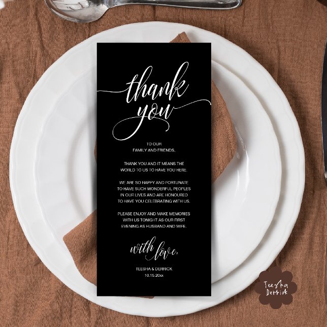 Cartões de agradecimentos de Recepção de casamento (Modern Romantic Wedding Reception Dinner Thank You Card in Black White)