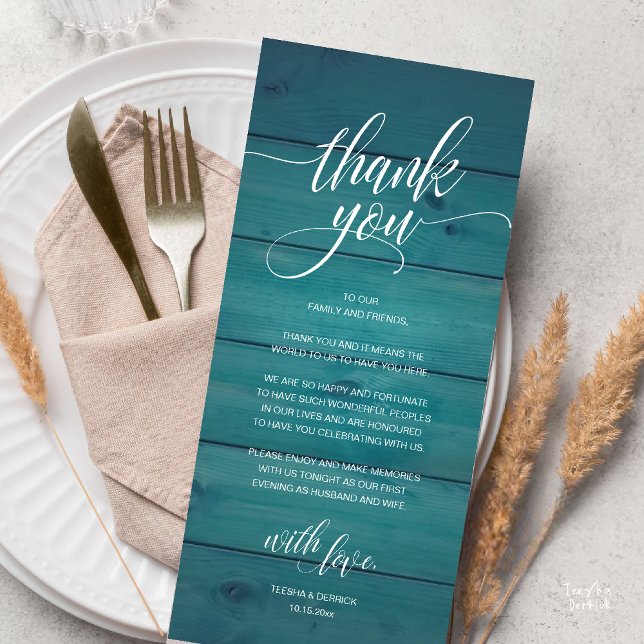 Cartões de agradecimentos de Recepção de casamento (Modern Rustic Wedding Reception Dinner Lunch Brunch Thank You Card Blue Green Teal)