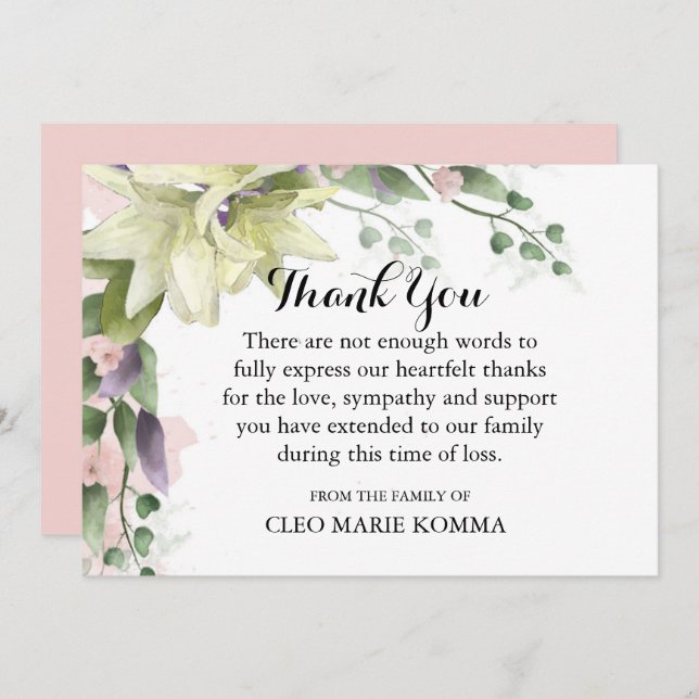 Cartões de agradecimentos de Simpatia dos Lírios B (Frente/Verso)