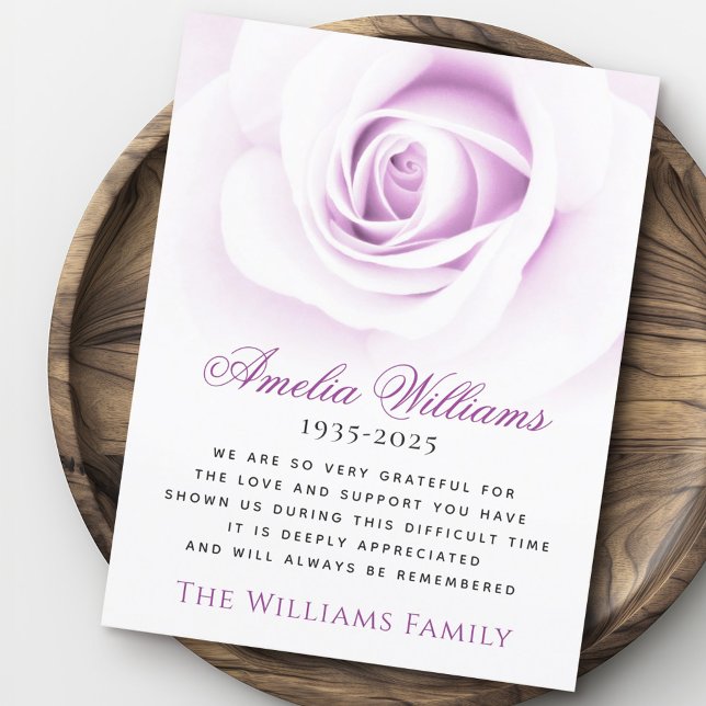 Cartões de agradecimentos de simpatia floral rosa  (Purple rose floral funeral sympathy thank you card)