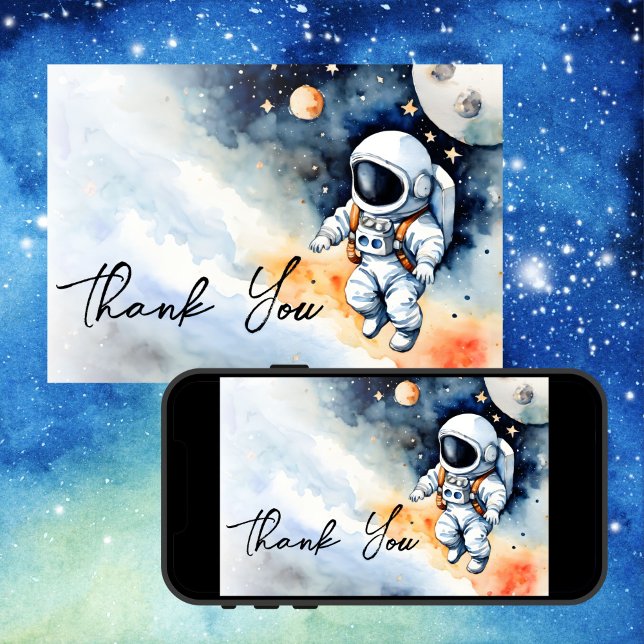 Cartões de agradecimentos do astronauta externo (Outer space astronaut baby shower thank you card template digital download watercolor galaxy)
