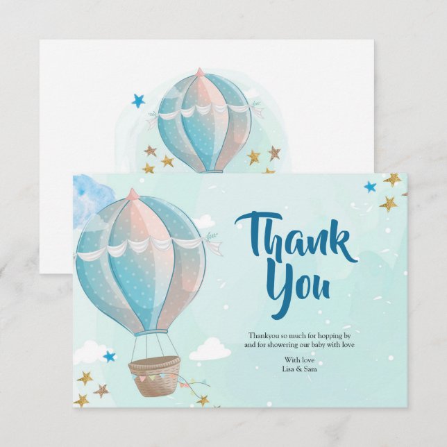 Cartões de agradecimentos do balão de ar quente az (Frente/Verso)