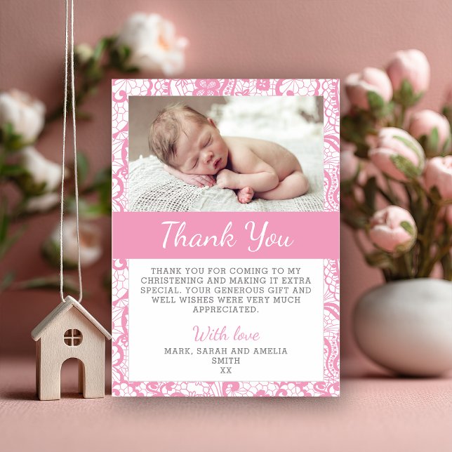 Cartões de agradecimentos do batismo das meninas (Say thank you in the sweetest way with this personalized pink floral christening thank-you card feat)