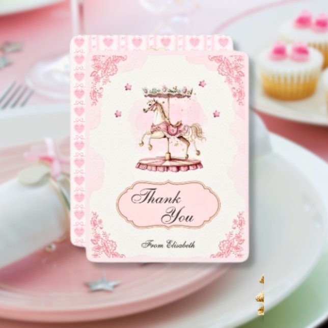 Cartões de agradecimentos do carrossel do Chá de f (baby-girl-shower-thank-you-card-pink-vintage-pony-carousel)