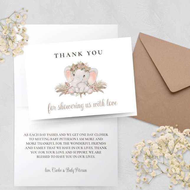 Cartões de agradecimentos do Chá de fraldas Elefan (Boho Elephant Baby Shower Thank You Cards with Pampas Grass Floral Design)