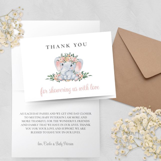 Cartões de agradecimentos do Chá de fraldas Elefan (Simple Minimal Blush Pink Elephant Baby Shower Thank You Cards)