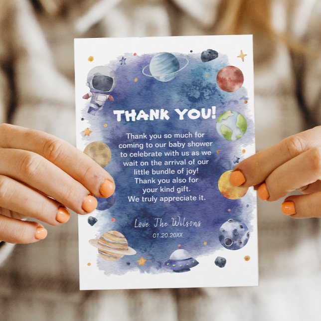 Cartões de agradecimentos do Chá de fraldas espaci (Astronaut Outer Space Baby Shower Thank You Card)