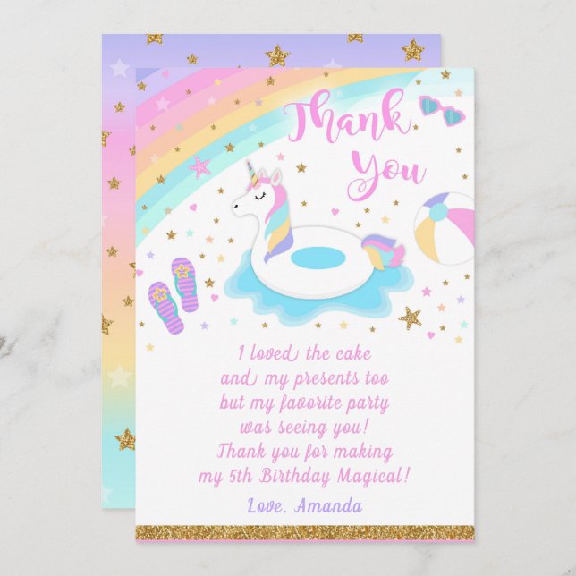 Cartões de agradecimentos do Unicorn Piscina Party (Frente/Verso)