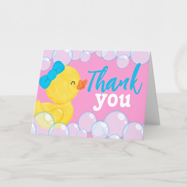 Cartões de agradecimentos Dobrado Cor-de-Borracha  (Girl Pink Rubber Duck Folded Thank You Cards for Ducky Birthday or Duck Baby Shower)