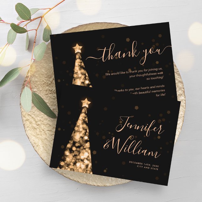 Cartões de agradecimentos Dourado de Casamento da  (Festive Xmas Tree Gold Wedding Thank You Card)