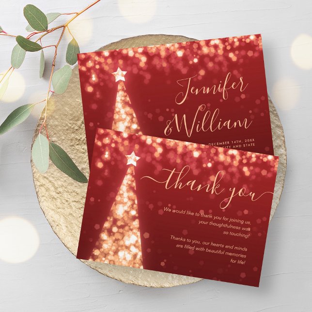 Cartões de agradecimentos Dourado de Casamento Ver (Festive Xmas Tree Gold Red Wedding Thank You Card)